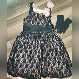 Black & Pink Lace Dress With Matching Gloves Size 5/6 Perfect For Wedding